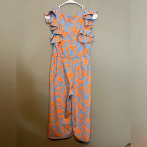 Gb Girls Orange Floral Blue Ruffle Wide Leg Pant Romper Size 14 Missing Belt